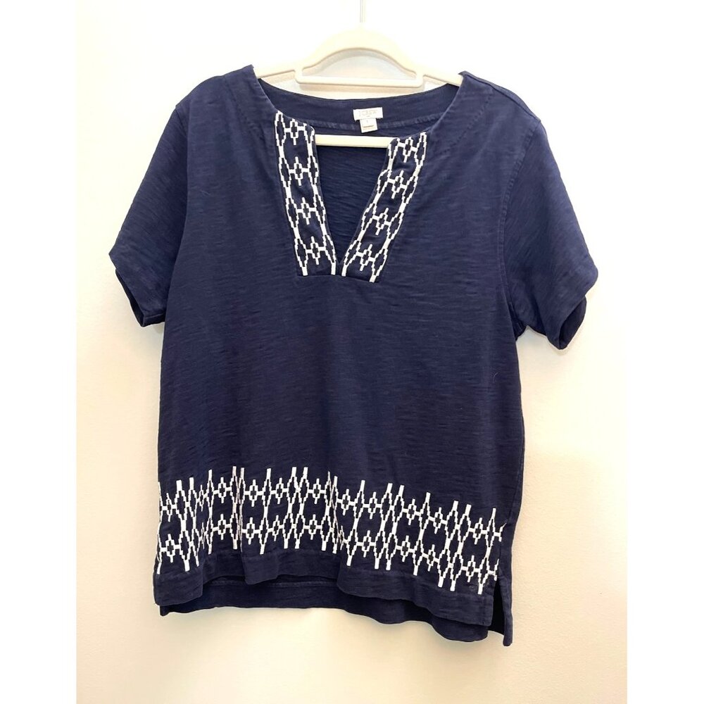 J.Crew Navy Short-Sleeve Embroidered Cotton Top L